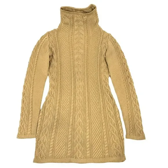 Khaki Turtleneck Bodycon Slim Fitted Cable Knit Long Sweater Size Small Neutral - Picture 5 of 9